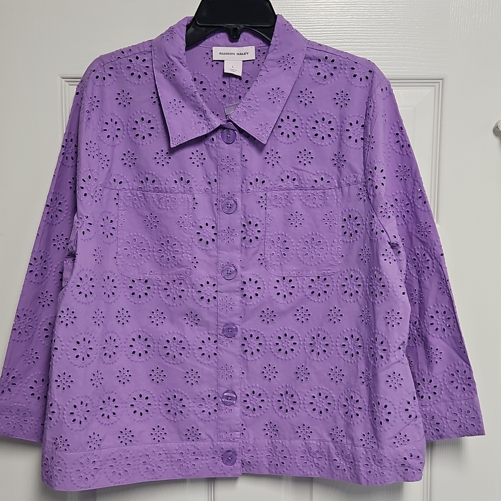 Allison Daley Eyelet Floral Button Down Lightweight Jacket: Amethyst: Size-Large